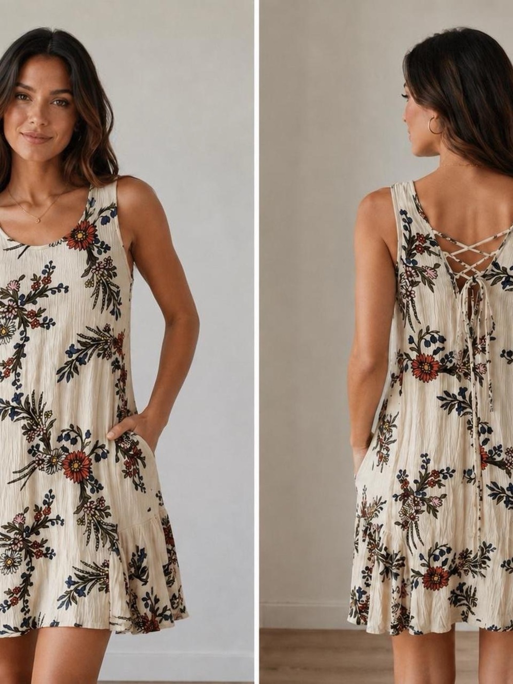 Sleeveless Cream Floral Mini Dress with Lace-Up Back​